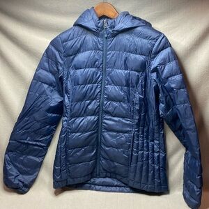 Heatk weatherproof packable down coat with detachable hood blue size medium
